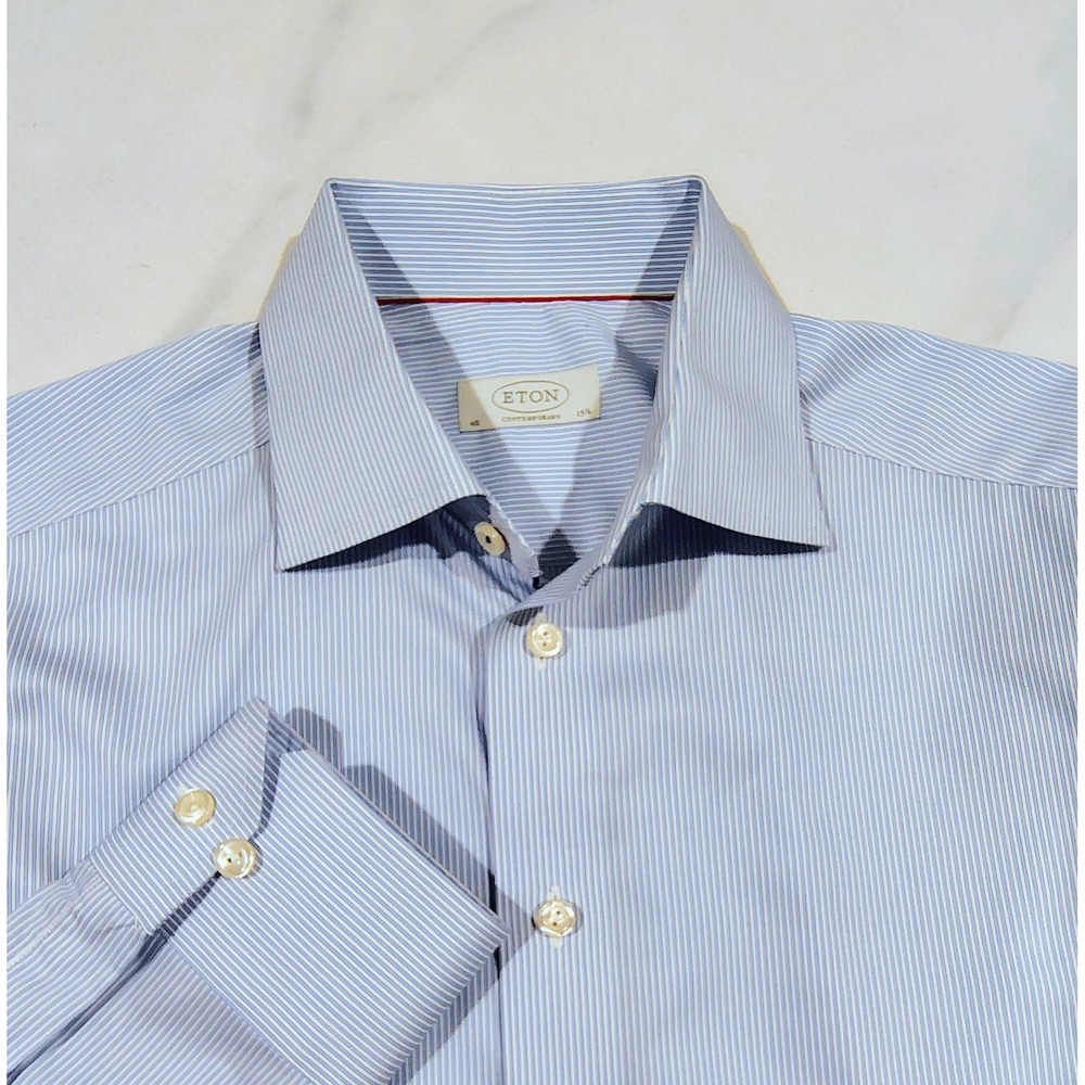 Eton Dress Shirt 15 3/4 Mens Blue Striped Contemporary Medium Long Sleeve
